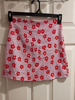Pink Floral A-Line Skirt with Red Flower Print